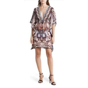Shahida Parides Tribal Kaftan Cover Up Dress Crepe Poncho Women One Size‎ NEW